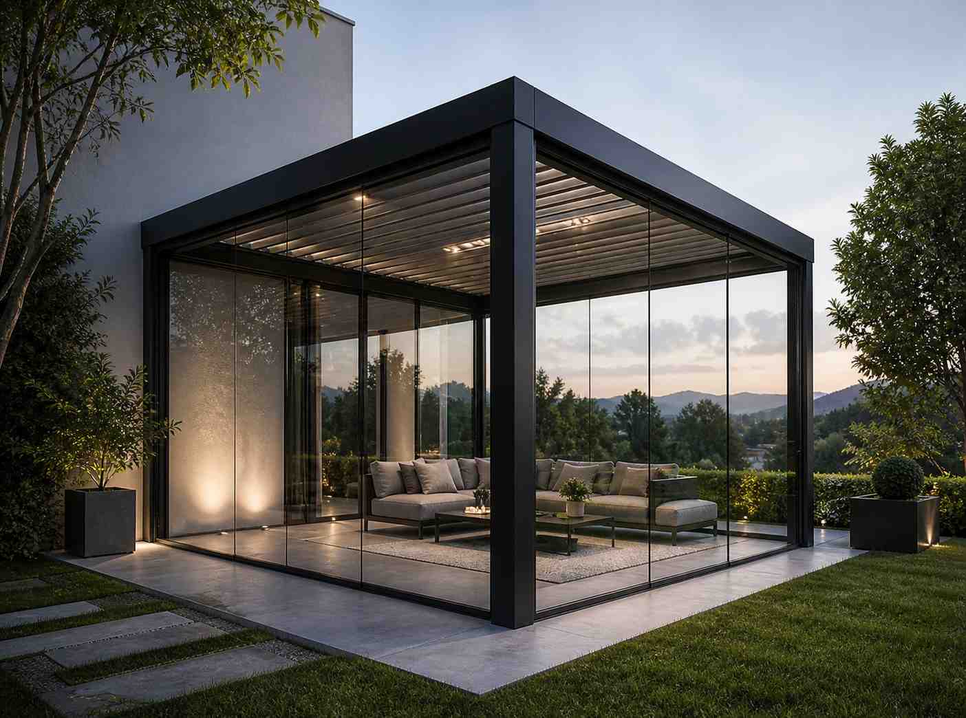 Terrace layout with an aluminium pergola
