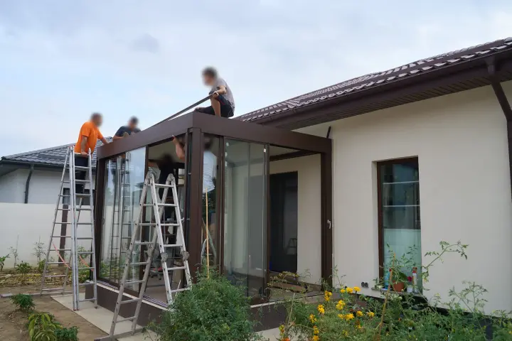 The Velarium team finishing the terrace installation at dusk